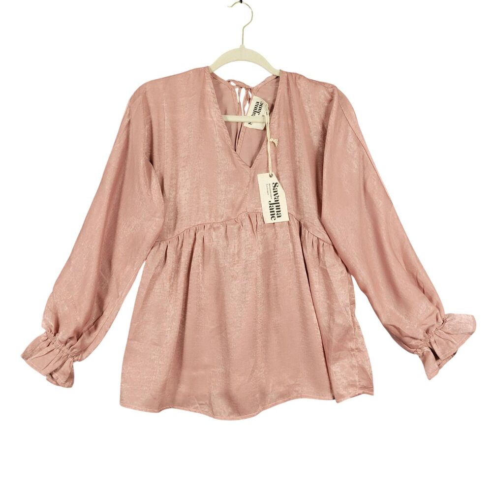 NWT SAVANNA JANE 19624 Pink Satin Long Sleeve Feminine Babydoll Top SIZE SMALL